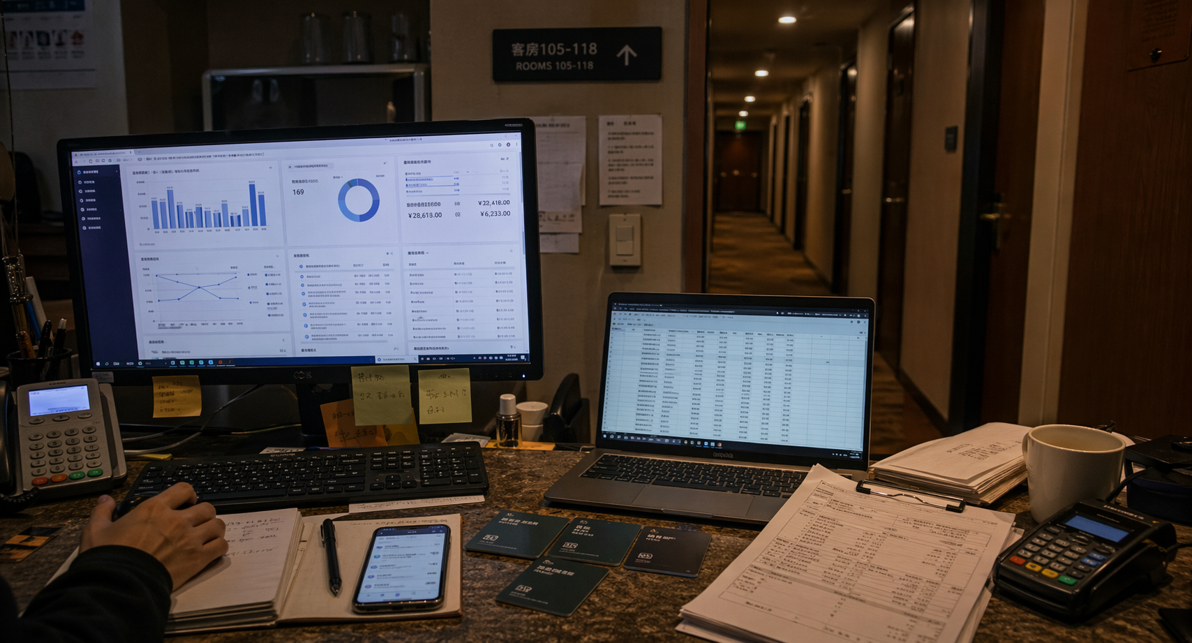 经济型酒店后场的电脑屏幕、房卡和费用报表，背景是连续的客房走廊